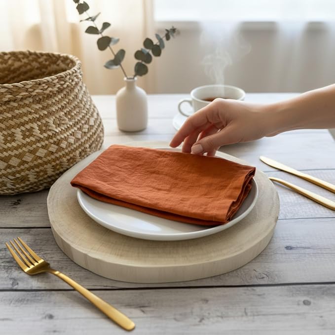 Linen Napkins –100% French Flax – Stonewashed Pure Linen Cloth Napkins - Size 18 Inch x 18 Inch – Set of 4 (Rustic Orange) - Image 3