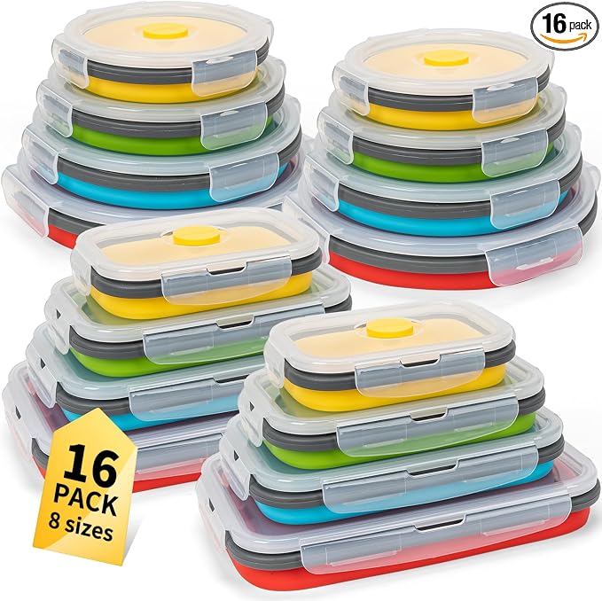 Collapsible Food Storage Containers with Lid & Air Vent, 16 Pack, 8 Rectangular + 8 Round, Annaklin Foldable Silicone Lunch Containers Collapsible Bowls Set, Microwave Freezer Dishwasher Safe, 4-Color by Annaklin