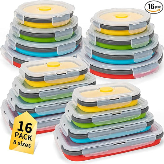Collapsible Food Storage Containers with Lid & Air Vent, 16 Pack, 8 Rectangular + 8 Round, Annaklin Foldable Silicone Lunch Containers Collapsible Bowls Set, Microwave Freezer Dishwasher Safe, 4-Color by Annaklin