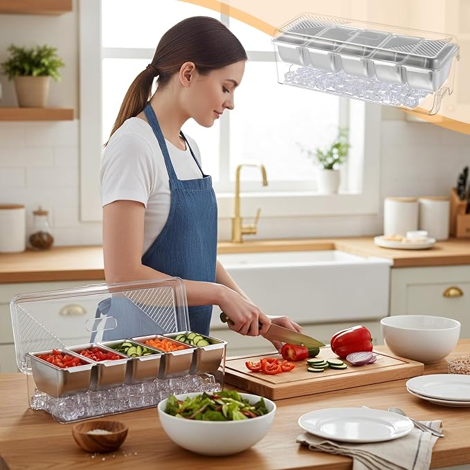 Large Ice Chilled Condiment Server Caddy with 5 Stainless Steel Removable Compartments, Clear Plastic Garnish Tray with Lid, 5 Forks and 2 Tongs, Fruit, Salad, Taco, Bar Platter for Party Bar Supplies - Image 5