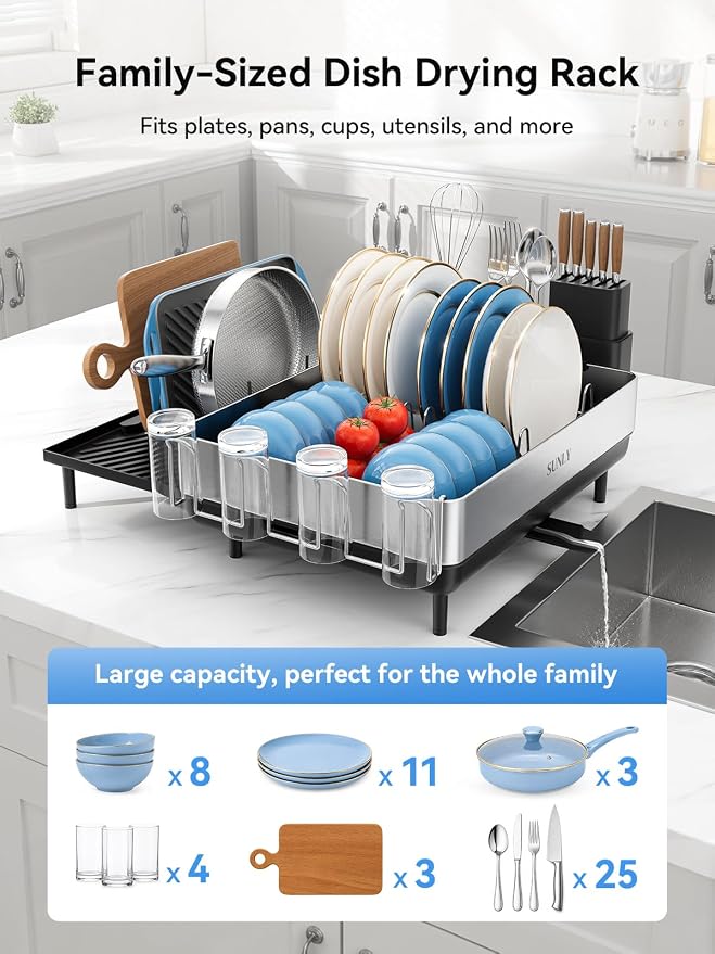 Large Dish Drying Rack, Expandable Dish Rack for Kitchen Counter, 304 Stainless Steel Space Saving Dish Drainer with Multifunctional Flip Up Pegs - Image 3