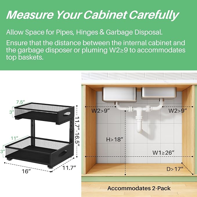 Under Sink Organizer, 2-Pack Pull Out Cabinet Organizer 2 Tier Metal Slide Out Storage Shelf Rack, L-Shaped Adjustable Height,Mesh Sliding Drawer for Kitchen, Bathroom, Laundry, Pantry, Black, XL - Image 2