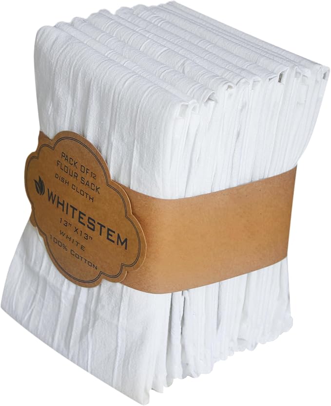 Flour Sack Dish Cloths 13x13 – 100% Cotton, Lint-Free & Highly Absorbent Kitchen Dishcloths (12 Pack), Quick-Dry Dish Towels for Washing Dishes, Cleaning, Polishing & Household Tasks, White by WHITESTEM