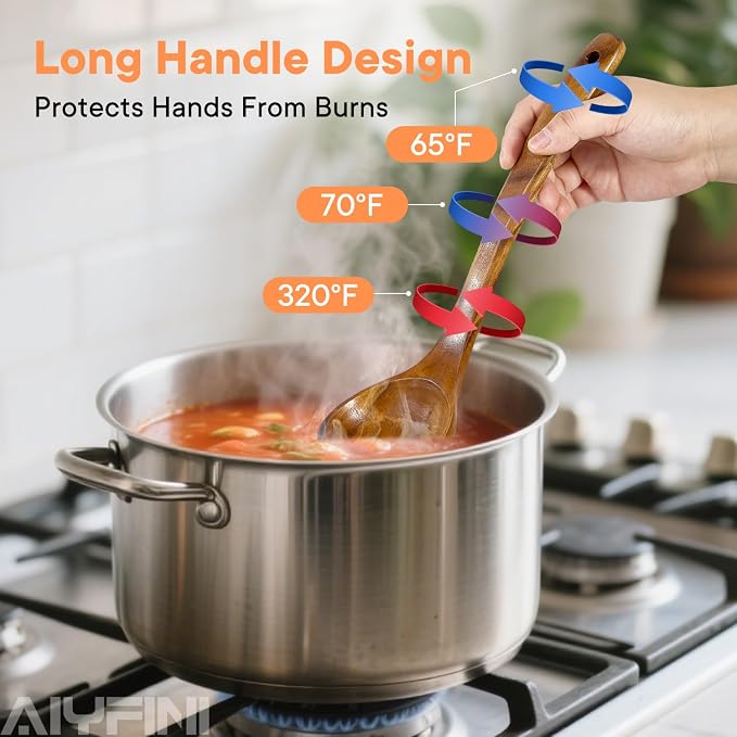Non-Toxic Wooden Kitchen Utensils Set, 15.4" Long Handle Wood Spatula for Cooking, Egg Flipper Fish Turner Spatula for Non Stick Frying Pan, with Chopsticks, Soup Ladle, Pasta Spoon, Holder, Rest - Image 5