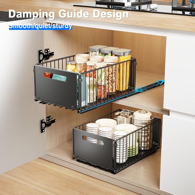 Mustorn 2 Pack Pull Out Cabinet Organizer, Slide Out Drawers for Cabinets, Peel and Stick, Heavy Duty Shelves for Kitchen, Cupboard, Pantry, Bathroom (14.76" D*9.65" W*7.87" H-Black) - Image 3