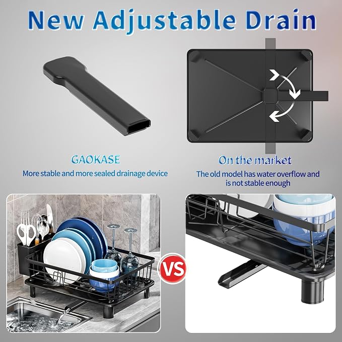 Dish Drying Rack for Kitchen Counter,Stainless Steel,Black | Space Saving,New Drain Outlet,Rotating Spout & Angled Drainboard for Quick Drainage,Removable Utensil Holder - Image 7
