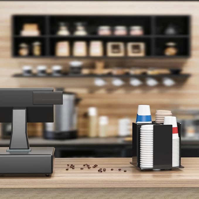 KOTEMON Cup and Lid Holder, 4 Compartment, Square | Rotating Coffee Cup Dispenser Lid Carousel for Restaurant, Buffet, Coffee Station, Bar, Countertop, Black Acrylic - Image 8