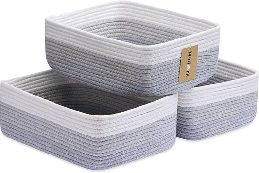 MiniArk Large Shallow Organizing Baskets 15x11x5.1 Inches - Rope Woven Storage Bins for Bathroom, Shelves, Cube Closet, Gradient Grey 3 Packs by MiniArkStorageBasketsHome