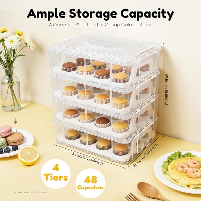 4-Tier Cupcake Carrier Stackable Storage Container,Store up to 48 Cupcakes | Plastic stackable trays with Lid and Handle. Lightweight for parties, baking, travel. Keeps cupcakes secure. BPA-free. - Image 4