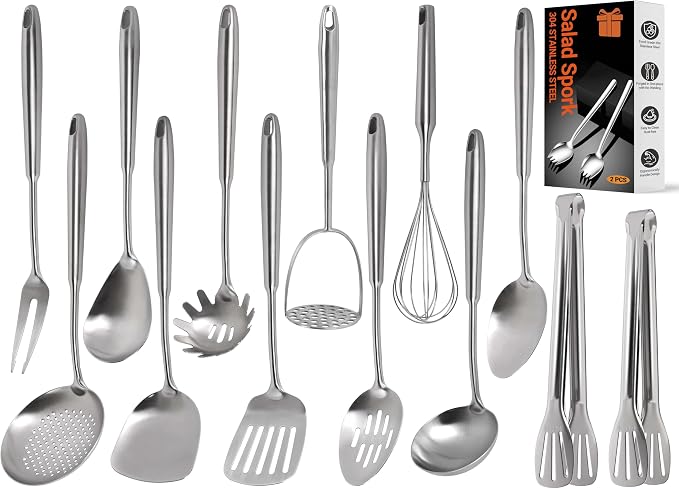 304 Stainless Steel Kitchen Utensils Set, 15PCS All Metal Cooking Tools Set with Whisk, Turner, Tongs, Ladle & Masher, Heavy Duty Dishwasher Safe Kitchen Gadget Set for Home & Professional Cooking by Toqraft