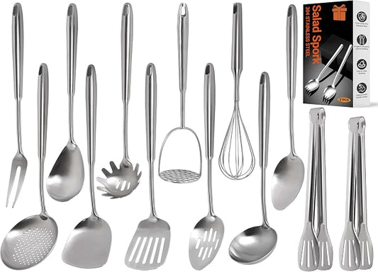 304 Stainless Steel Kitchen Utensils Set, 15PCS All Metal Cooking Tools Set with Whisk, Turner, Tongs, Ladle & Masher, Heavy Duty Dishwasher Safe Kitchen Gadget Set for Home & Professional Cooking by Toqraft