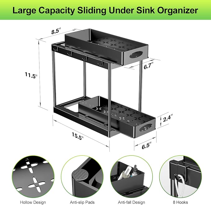 Under Sink Organizer and Storage, 2 Tier Under Sink Organizer with Sliding Pull Out Drawer for Kitchen Bathroom Cabinet Shelf Basket with 8 Hooks (2 Pack) - Image 2