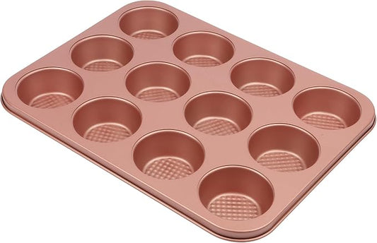 David Burke 12-Cup Muffin Pan, Carbon Steel, PFTE & PFOA Free, Oven Safe, Diamond Textured Surface – Rose Gold by David+Burke