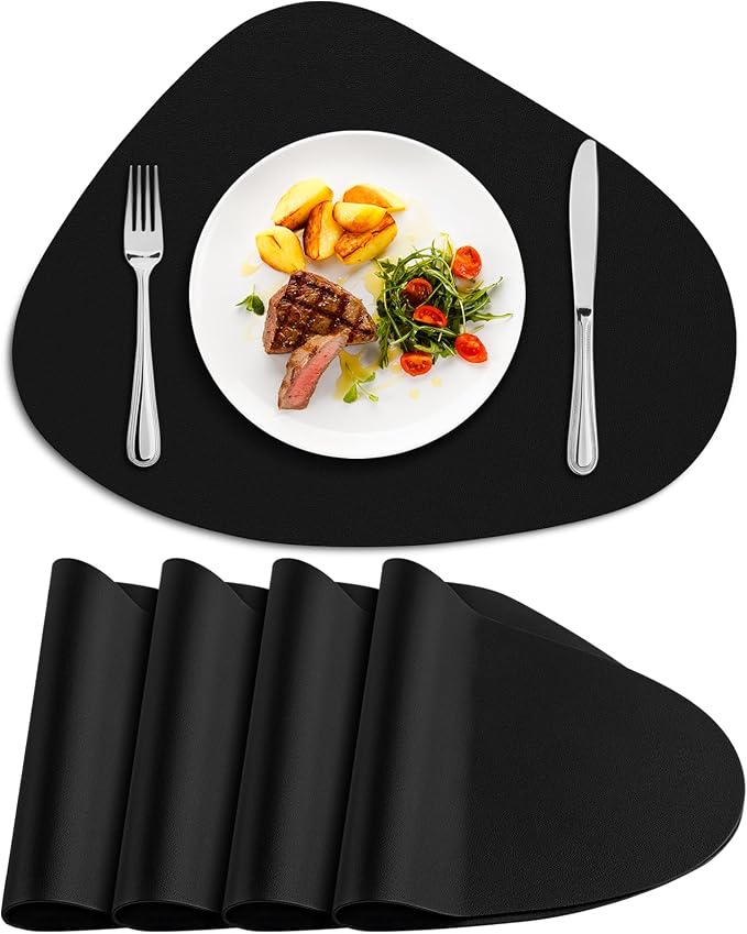 Faux Leather Placemats Set of 4, Wipeable & Washable Table Mats | Waterproof, Heat-Resistant & Easy to Clean Round Place Mats for Dining & Kitchen, 17''x13'', Black by Delicateandelegantplacemats