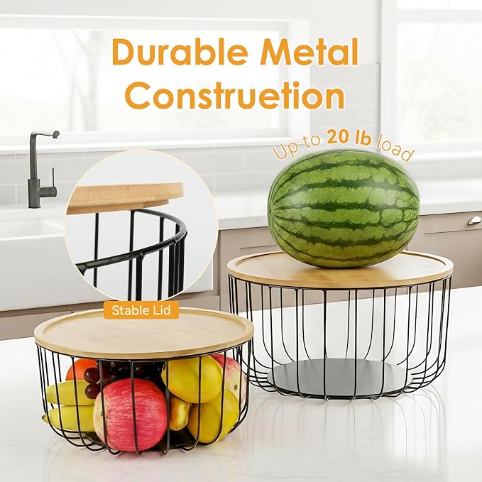 WELTOKE 3 Pack Fruit Basket For Kitchen Counter,Stackable Mesh Fruit Basket With Bamboo Lid,Large Fruit Bowl For Fruit And Vegetable Storage,Pantry Organizers - Image 6
