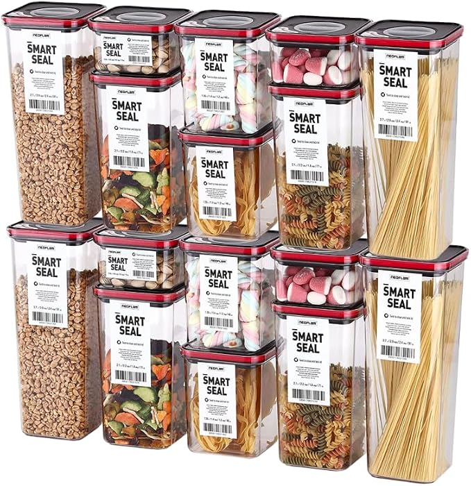Neoflam 16 Set, Kitchen Pantry Airtight Smart Seal Square Dry Food Storage with Lid, BPA Free, Modular, Stackable, Clear Canister for Cereal, Sugar, Flour, Snack, Coffee, Pasta, Spaghetti Container - Image 9