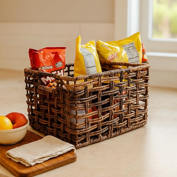 Storage & Shelf Baskets, Handwoven Natural Abaca Wicker Set of 3 12x10x8 In | Handwoven natural abaca storage baskets,sturdy steel frame, breathable open weave for pantry, shelves, books, toys, closets - Image 3