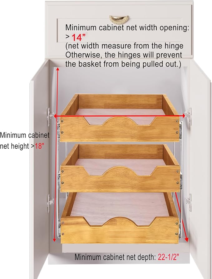 DINDON 3 Tier Pull Out Cabinet Organizer 14”W X21”D Slide Out Shelves With Shelf Liner for Kitchen Wood Roll Out Drawers Pantry Organization - Image 3