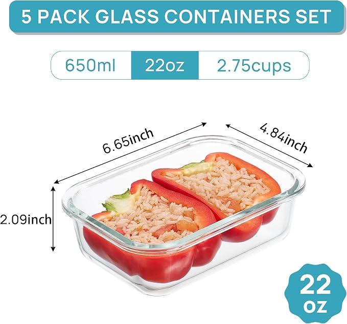 Vtopmart 5Pack 22oz Glass Storage Containers with Lids, Pink | Glass Meal Prep Food Container Sets, Snap Airtight Lid, For Microwave, Oven, Freezer and Dishwasher, BPA Free - Image 2