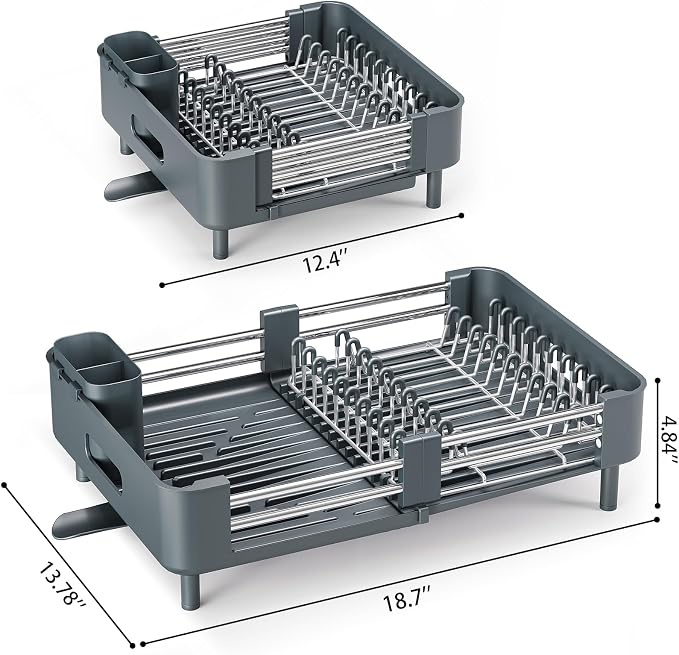 Urackify Extendable Stainless Dish Drying Rack for Kitchen Counter | 13.78"W x 18.7"L, Foldable Drainboard for Space Saving, Knife and Utensil Holder, Fast-draining Spout, Dark Slate Teal - Image 2