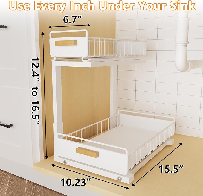 Under Sink Organizer 1 Pack Pull Out Cabinet Organizer with Ball Bearing Sliding Drawer 2 Tier Adjustable Storage Rack Heavy Duty for Kitchen Bathroom White - Image 2