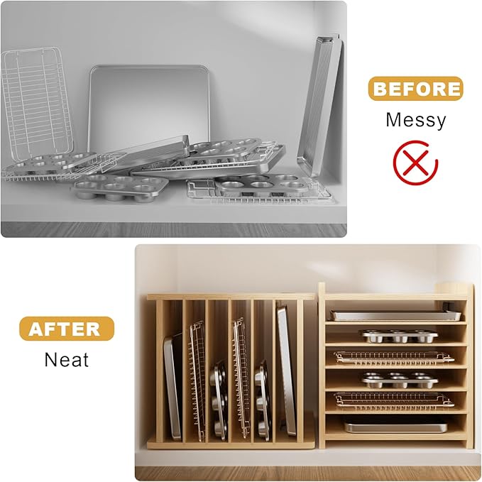 7 Tier Wooden Tray Dividers for Cabinets Cookie Sheet Organizer for Pot, Pans, Baking Tray Organizer for Kitchen Documents Storage(20" W x 16.5" H x 15.2" D) - Image 4