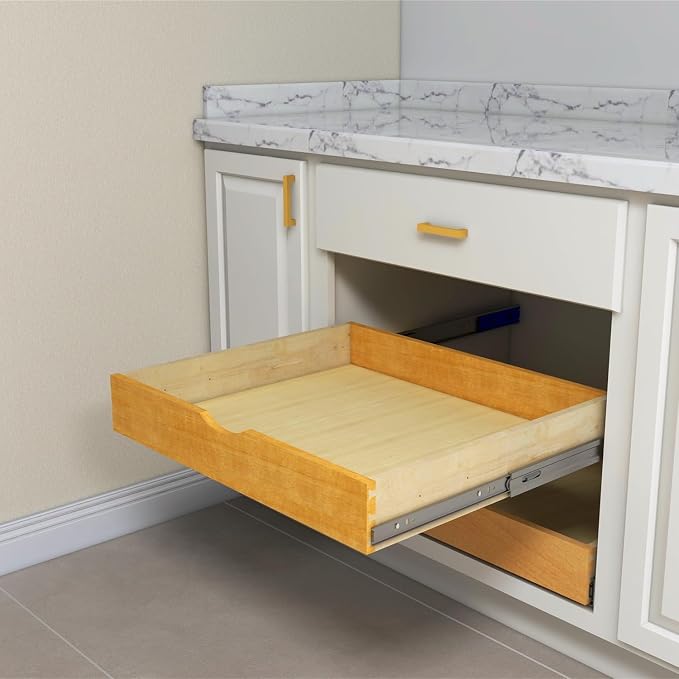 Solid Wood Pull Out Drawer 27" W × 21" D for Kitchen Cabinets, Roll Out Tray with Full Extension Slides, Natural Wood, DIY Assembly by Elysian