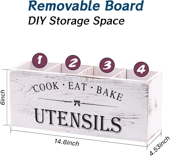 Kitchen Utensil Holder for Counter or Countertop, Extra Large Wood Organizer with 4 Compartments, Wooden Storage for Cooking and Silverware, Rustic Minimalist Decor, Sturdy Utensil Crock-White - Image 4