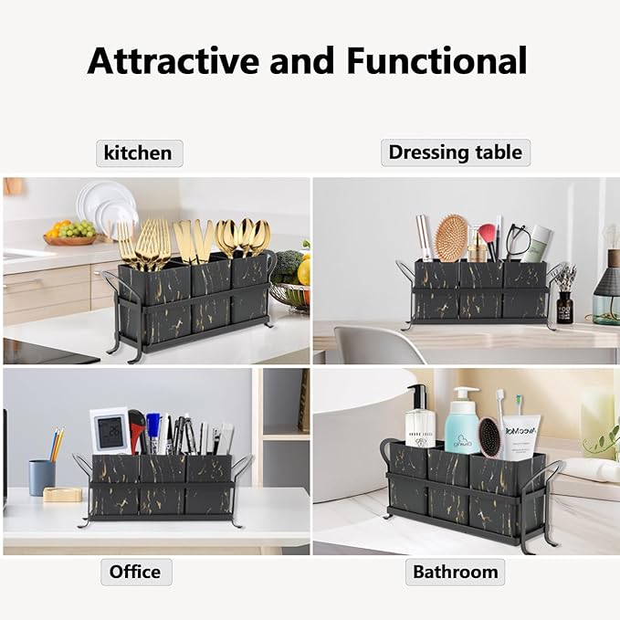 NelyBet Kitchen Utensil holder for Countertop, Silverware Caddy,Golden Marble Black Flatware Holder Utensil Cutlery Organizer for Party Gatherings, Metal and Durable Design - Image 6