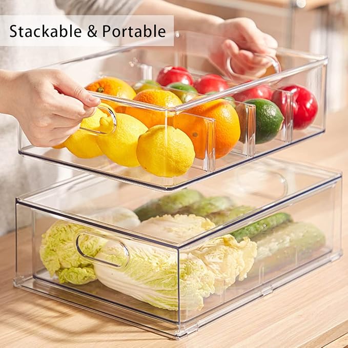 Mano 3PackFridge Drawer Pull Out Stackable Bins with Handle Clear Refrigerator Drawers Organizer Food Storage Container Box with Dividers Plastic Produce Saver for Pantry, Cabinet, Kitchen（2L+1XL） - Image 6