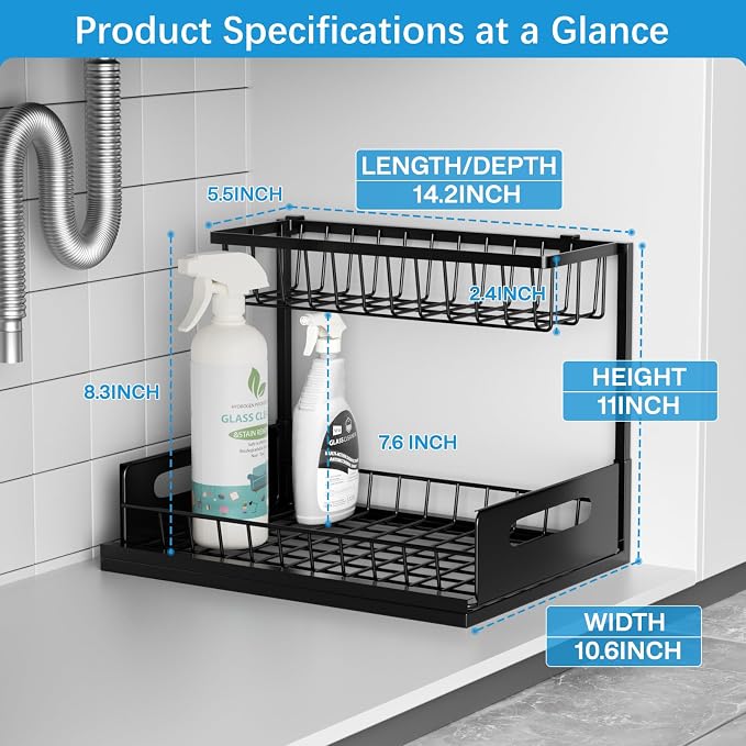 Under Sink Organizers and Storage With 4 Hooks - 2 Tier Pull Out Sink Shelf Cabinet Storage Shelves, L-Shape Under Sink Organizer for Kitchen & Bathroom Cabinet - Image 2