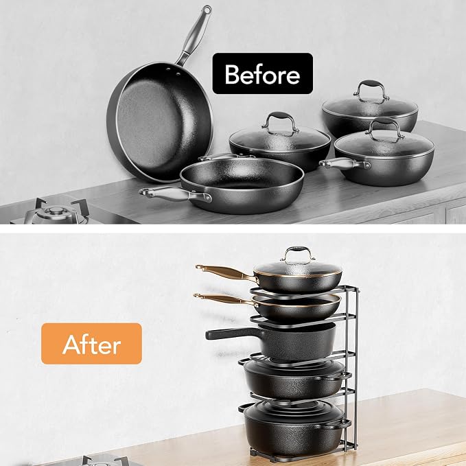 5-Tier Pot and Pan Organizer 16.6", No Assembly Cookware Rack 1-Pack | One-piece Design, Multi-height Layered,Anti-Tip Structure, Dual Vertical & Horizontal Use, Fits Cast Iron Pans & Dutch Ovens - Image 6