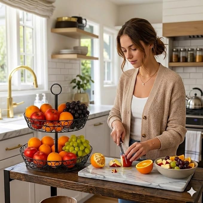 2-Tier Fruit Basket for Kitchen Counter, Stackable Metal Fruit & Vegetable Holder - Image 6