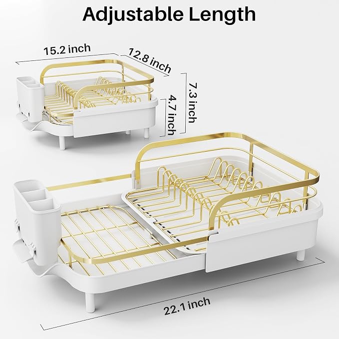 SNTD Expandable Dish Drying Rack for Kitchen Counter, 15.2-22.1 in, Gold | Rust-Resistant Stainless Steel, Protective Side Rails, Self-Draining Drainboard, Removable Utensil Holder - Image 2