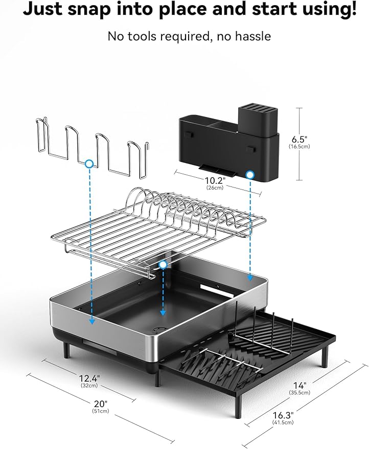 Large Dish Drying Rack, Expandable Dish Racks for Kitchen Counter, Space Saving 304 Stainless Steel Drying Rack Kitchen, Extra Large Drainer with Multifunctional Flip Up Pegs, Black - Image 7
