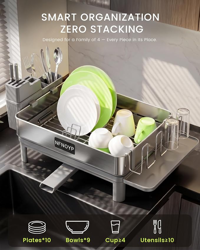 Dish Drying Rack, 304 Stainless Steel Dish Rack and Drainboard Set, Rustproof Dish Drainer with Anti-Pooling Automatic Drainage, Large Capacity Kitchen Counter Organizer, Grey - Image 7