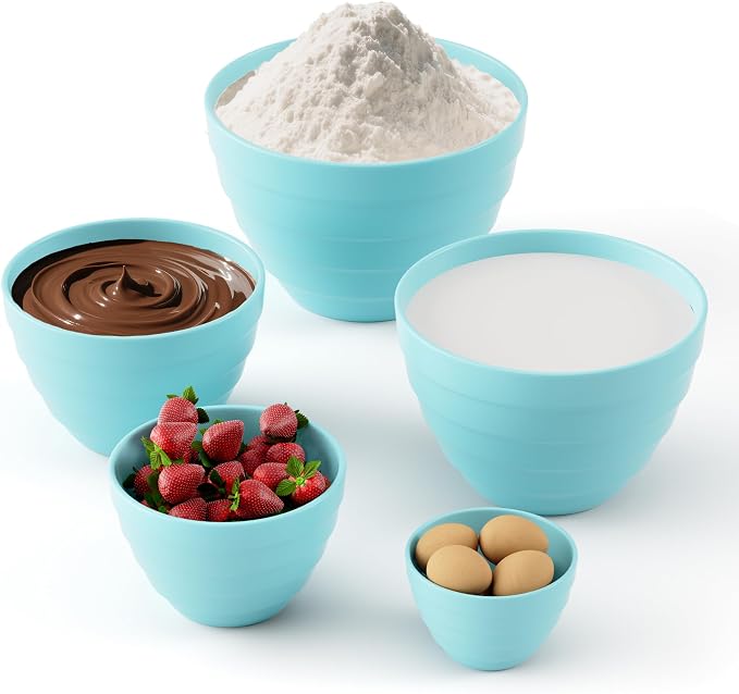 TP Mixing Bowls with Lids, 10-Piece Nesting Melamine Bowls Set for Prepping Serving Baking Cooking, Non Slip Bottom, Set of 5, Teal - Image 2