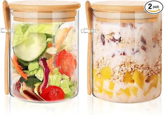 2 Pack 25oz Large Overnight Oats Containers with Lids, Overnight Oats Jars with Spoons, Glass Jars with bamboo Lids,salad jars with lids meal prep for Chia Seed Pudding Yogurt Cereal Coffee Flour by HIGLASTO