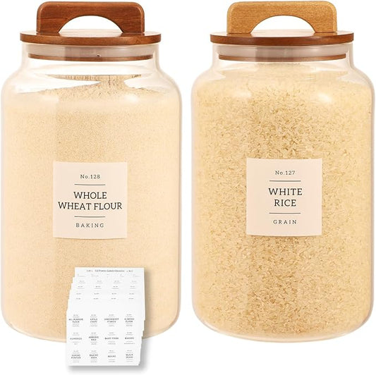 2 Pack Large Glass Flour and Sugar Containers with 132 Pantry Labels - 1 Gallon Glass Canisters with Bamboo Airtight Lids - Farmhouse Glass Cookie Jars for Rice, Pasta, Cereal, Bath Salt by CZDYSM
