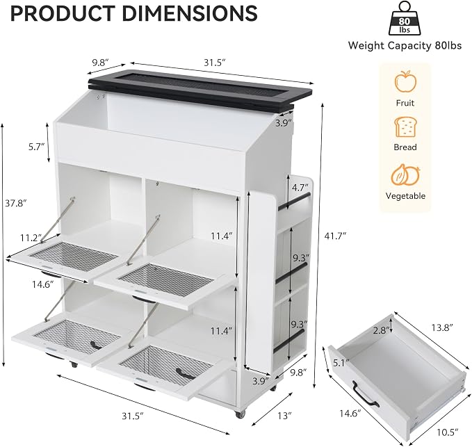 Verano Garden 31.5" Large Potato and Onion Storage Bin on Wheels, Bread Box | Fruit and Vegetable Organizer, Rolling, Side Rack, Flip-top, Mesh Doors, 4-Tier, Grocery Section, Ventilated, Wood, Kitchen - Image 2