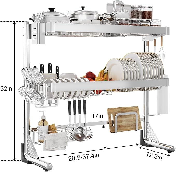 Over The Sink Dish Drainer Drying Rack 3 Tier, Full Stainless Steel Dish Drying Rack Adjustable Length 20.9''-37.4'', Kitchen Sink Shelf, Organized Space-Saving Dish Rack - Image 6