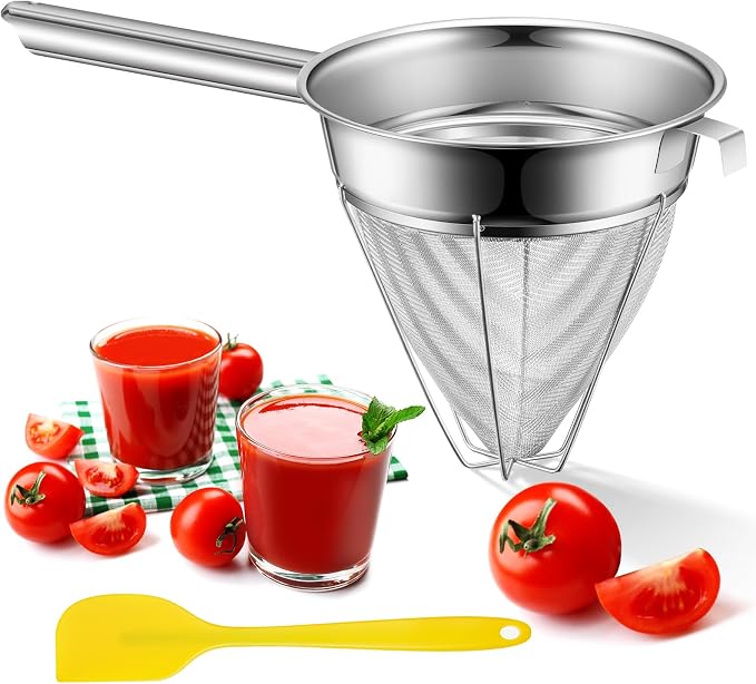 SiliFine 8"Chinois Fine Mesh Strainer Set with Handle and Rubber Pestle | Stainless Steel Reinforced Bouillon Sieve Strainer China Cap Cone Sieve for Sauces, Soups, Broth, Stock, Kitchen Food Cooking by SiliFine