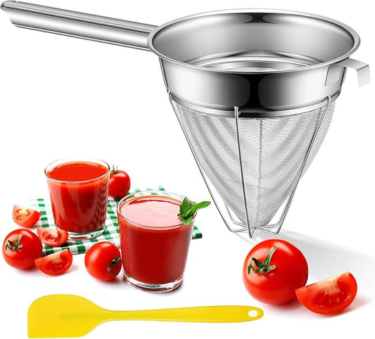 SiliFine 8"Chinois Fine Mesh Strainer Set with Handle and Rubber Pestle | Stainless Steel Reinforced Bouillon Sieve Strainer China Cap Cone Sieve for Sauces, Soups, Broth, Stock, Kitchen Food Cooking by SiliFine