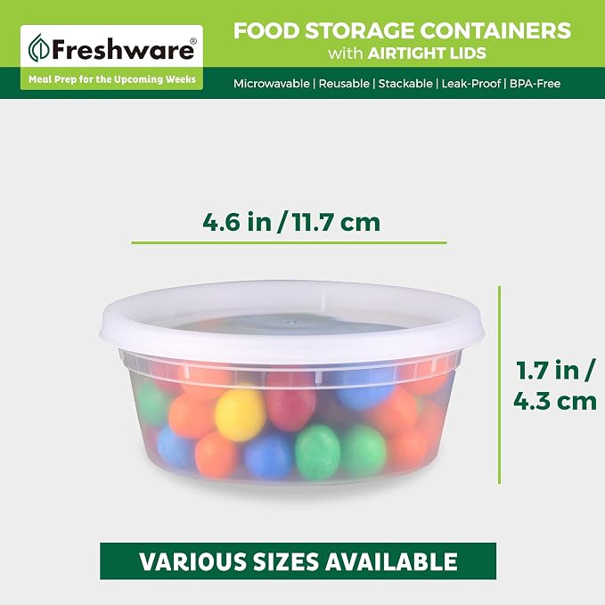 Freshware Food Storage Containers [50 Set] 8 oz Plastic Deli Containers with Lids, Slime, Soup, Meal Prep Containers | BPA Free | Stackable | Leakproof | Microwave/Dishwasher/Freezer Safe - Image 3
