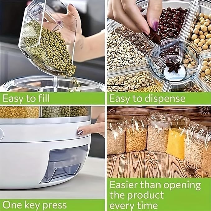 Rotating Grain Storage Bin 6 Grids Rice Container One-Click Output Large Capacity Food Dispenser For Rice Grains Sealed Moisture Proof Organizer (Grey) (Large) - Image 3