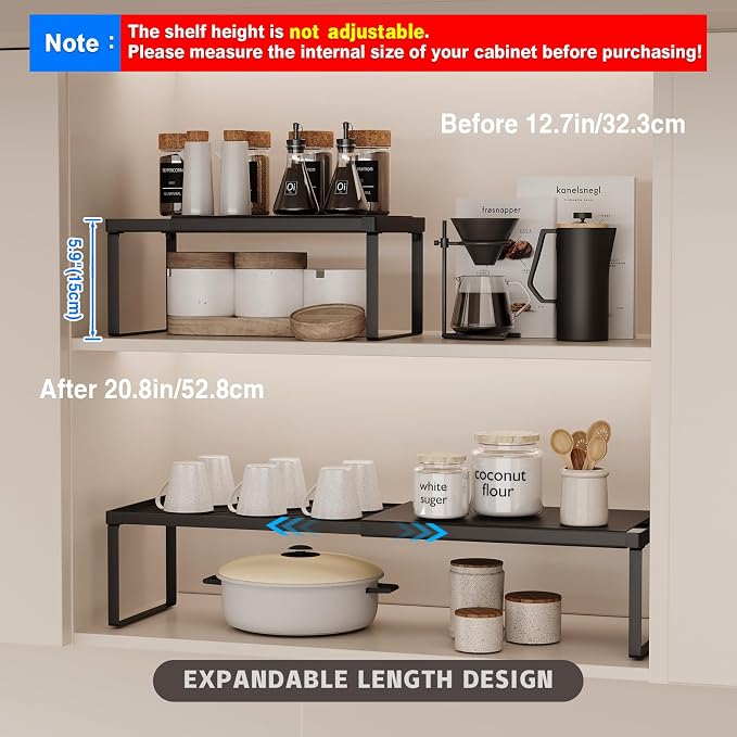 Magheo Expandable Cabinet Shelf Organizer, 2 Pack Stackable Kitchen Counter Shelf Riser, Metal Spice Rack Heavy Duty Countertop Organizer Storage for Kitchen, Pantry, Cupboard, Rv (5.9in Height,Black) - Image 2