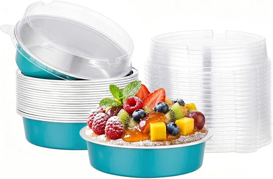 Beasea Disposable Mini Pie Tins with Lids, 20 Pack 7.3oz Blue Green Aluminum Baking Cups, 215ml Small Round Tart Container Foil Pie Tin for Individual Dessert Cupcake Muffin Cheesecake Quiche by Beasea