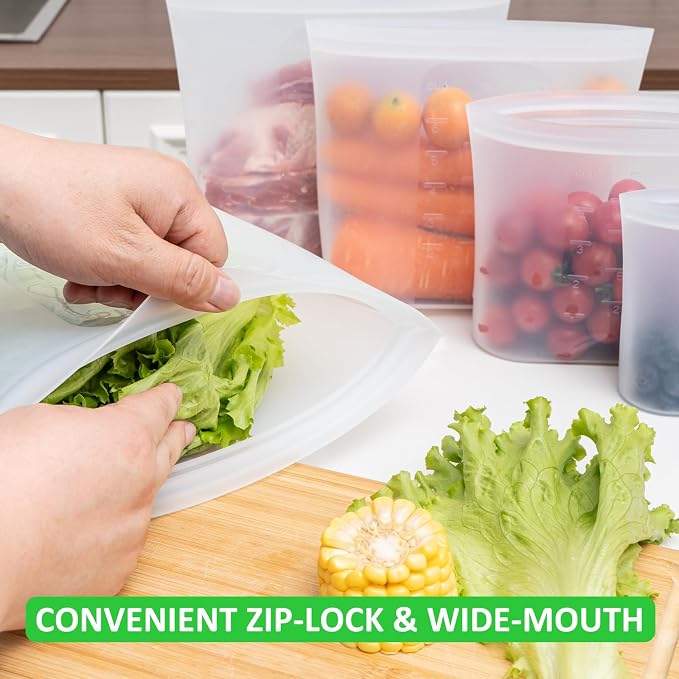 Premium Silicone Reusable Food Bags, Family Storage Set, 10 Pack, 100% Platinum Silicone Food Storage Bag Stand-Up Wide-Mouth Zip-Lock, Microwave Dishwasher Safe, 2XL/2L/2M/2S/2XS, Crystal-Clear - Image 4