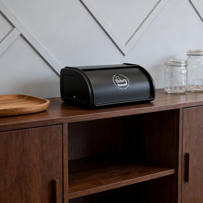 Vintage Roll-Top Bread Box, Black Stainless Steel Farmhouse | Small Metal Bread Bin Storage Container Kitchen Countertop Homemade Sourdough Loaf Roll Top - Image 3