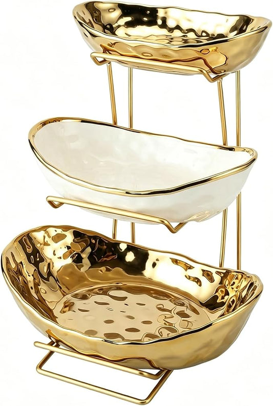 3 Tier Ceramic Fruit Bowl for Kitchen Counter with Metal Rack, Fruit Basket with Stand, Porcelain Bowls for Vegetable Bread Candy Snack Nuts Dessert Cake Tray (Gold 3 Layer) by jessie